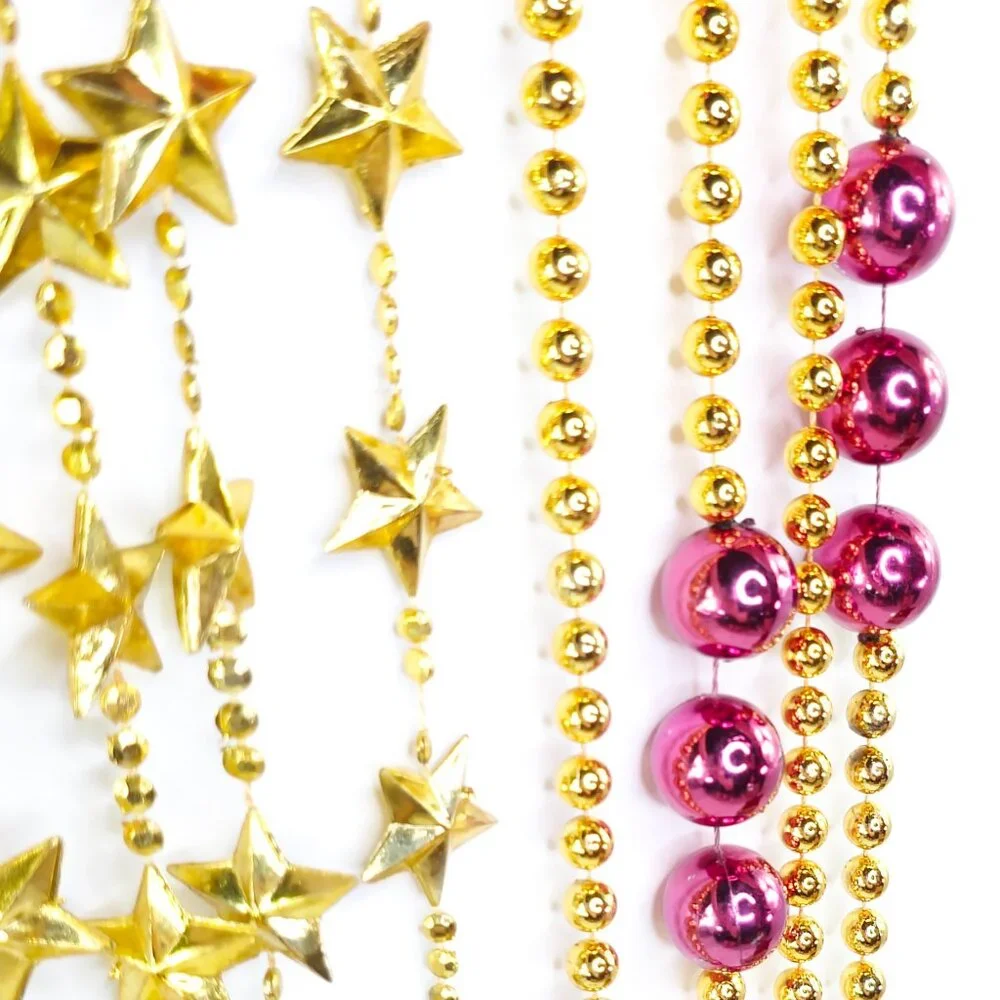 Holiday Plastic Gold Star and Hot Pink and Gold Colored Beaded Garland Set